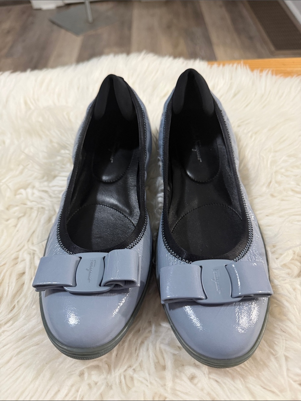 Salvatore Ferragamo Patent Bow Ballet Flats in Powder Blue Size 8C